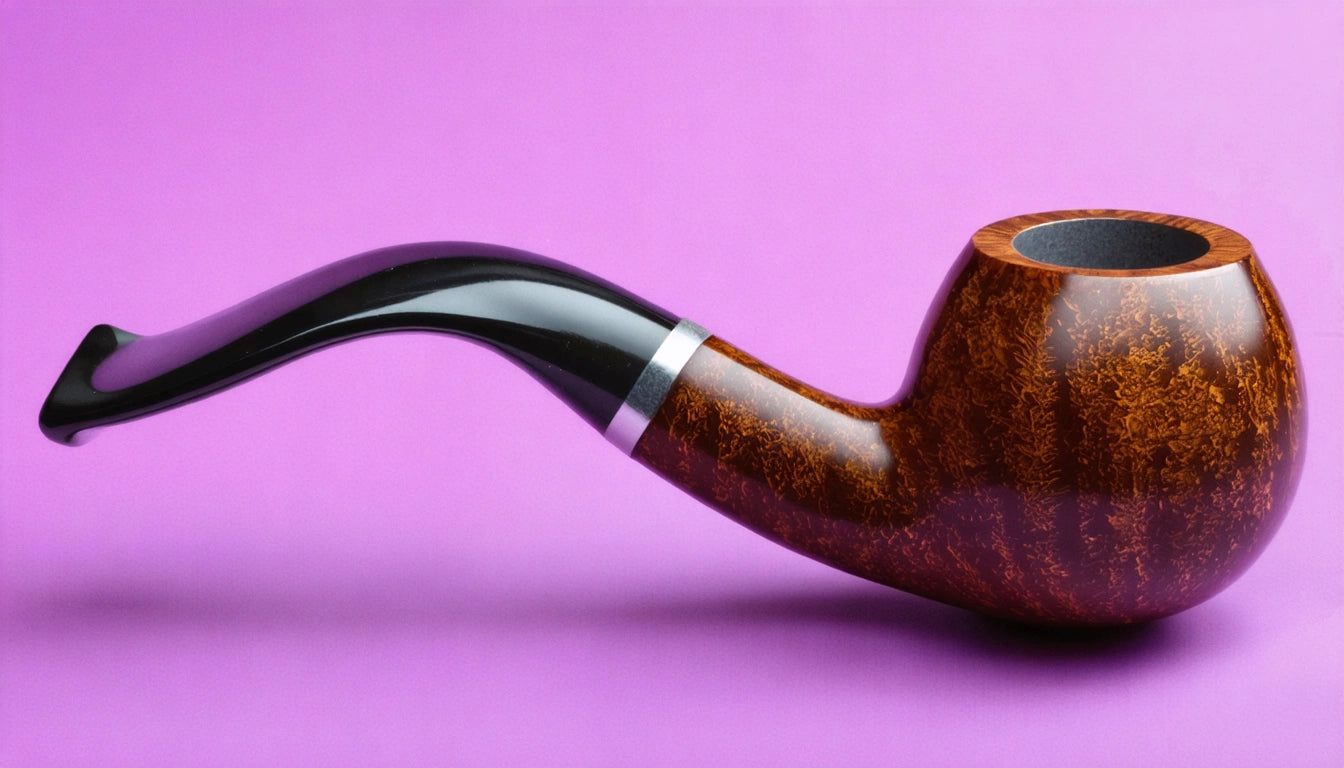 Brown tobacco pipe with a curved black stem and silver band, set against a solid purple background
