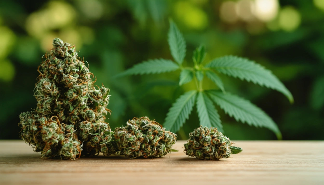 Green plant buds on wooden surface with blurred green leaves in background