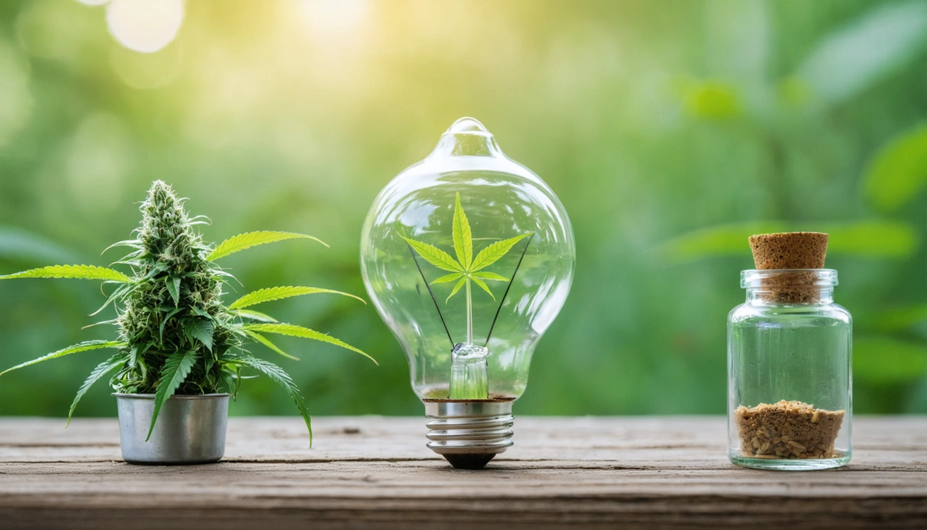 Potted plant, light bulb with leaf inside, and corked jar with brown substance on wooden surface, green blurred background