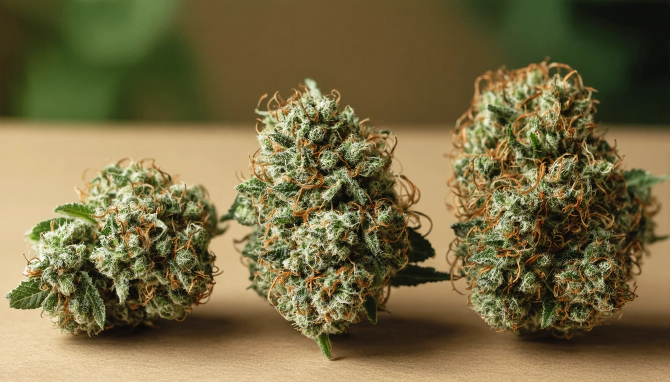 Three dense, green buds with orange hairs and frosty crystals on a beige surface