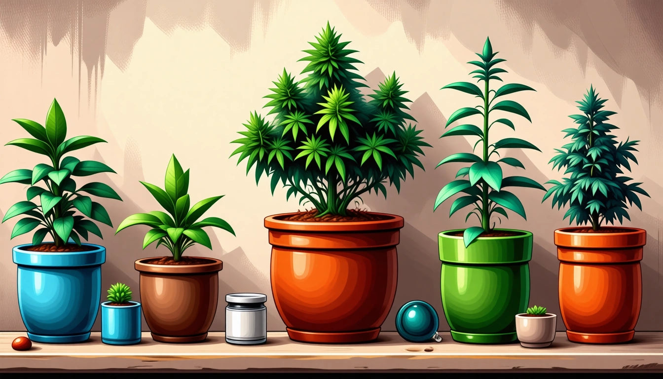 Four potted plants on a shelf, varying in size and color, with a small silver can and a blue sphere nearby