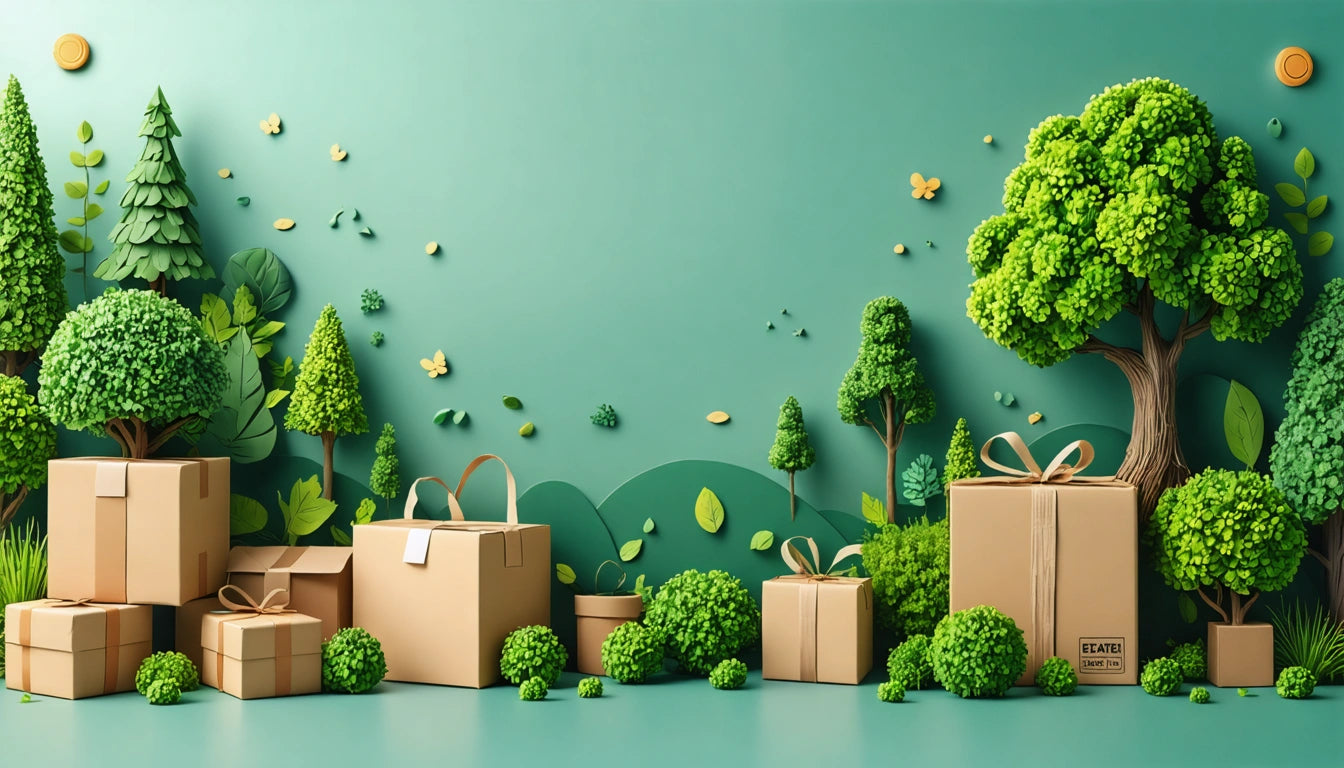 Cardboard boxes with ribbons among green trees and bushes on a teal background with small butterflies