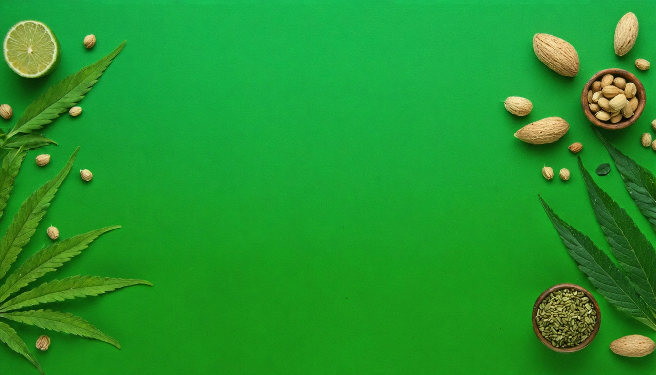 Green background with scattered almonds, pistachios, lime half, and green leaves on edges. Small bowls of seeds on right