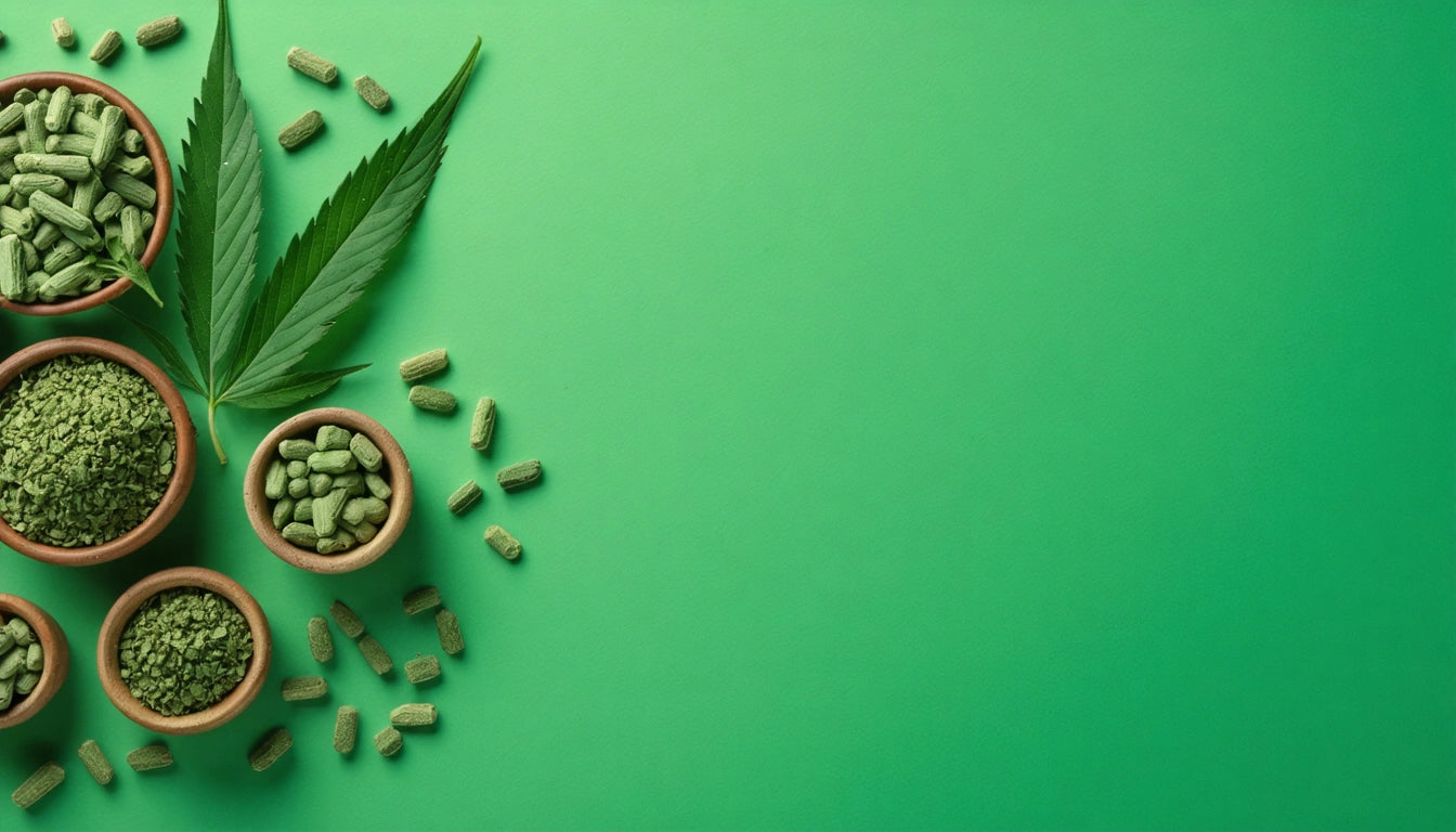 Green pills and powder in small bowls with a cannabis leaf on a green background