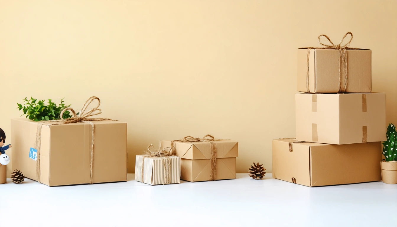 Brown cardboard boxes with twine bows, small plants, and pinecones on white surface against a beige background