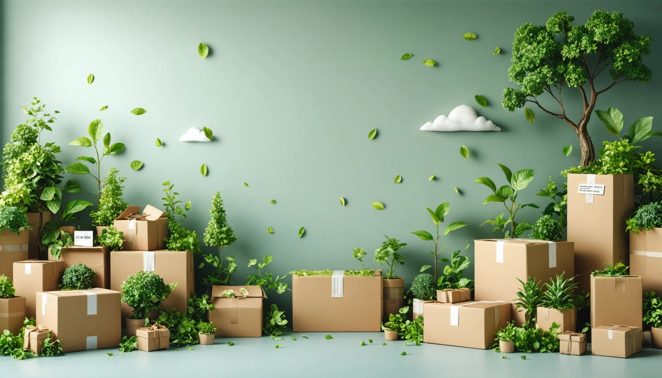 Cardboard boxes with plants and trees on top, scattered leaves, green wall, small white clouds, light blue floor