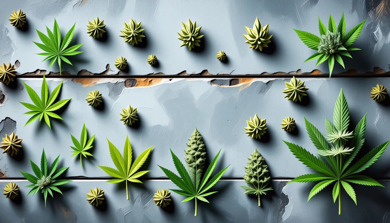 Various green cannabis leaves and buds arranged on a textured gray surface