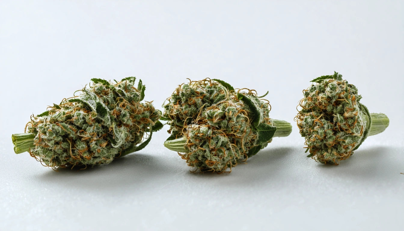 Three green and orange buds with textured surfaces on a light gray background