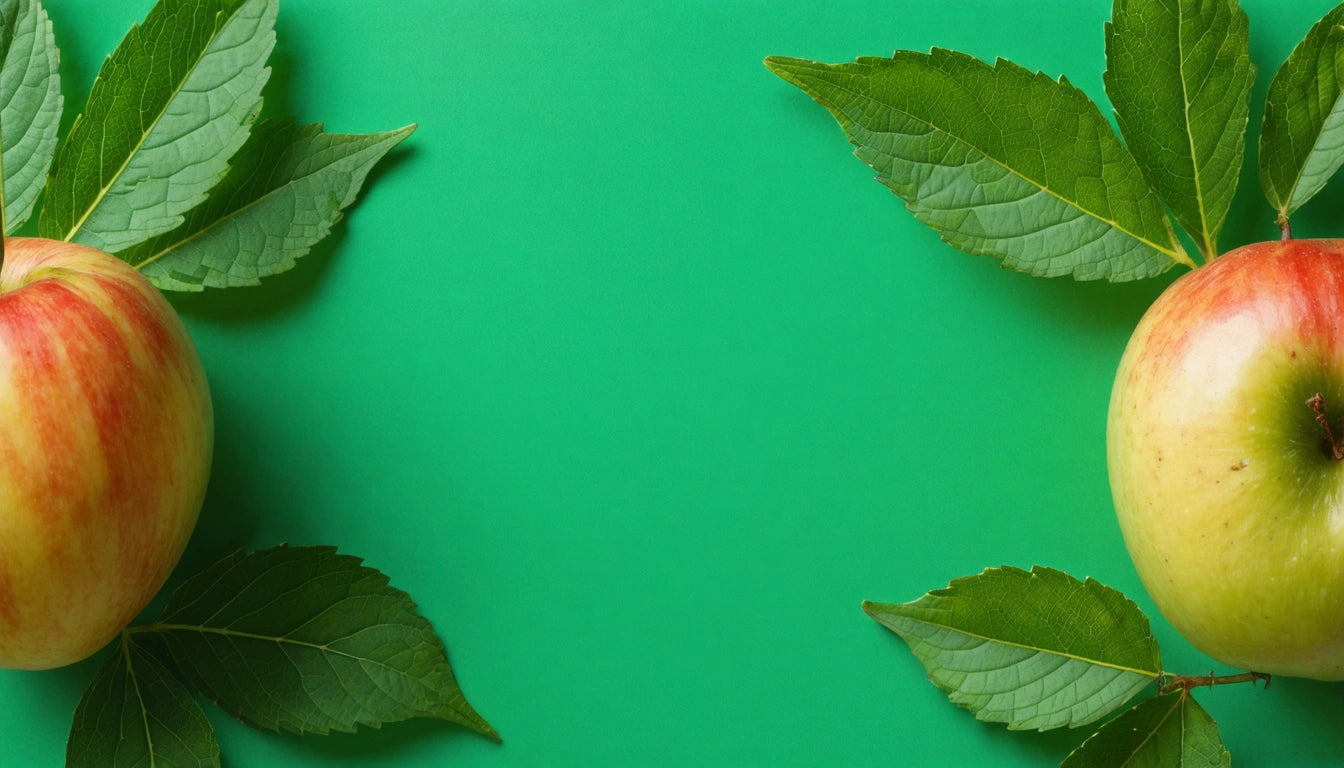 Two apples with green leaves on a bright green background, one on each side facing inward