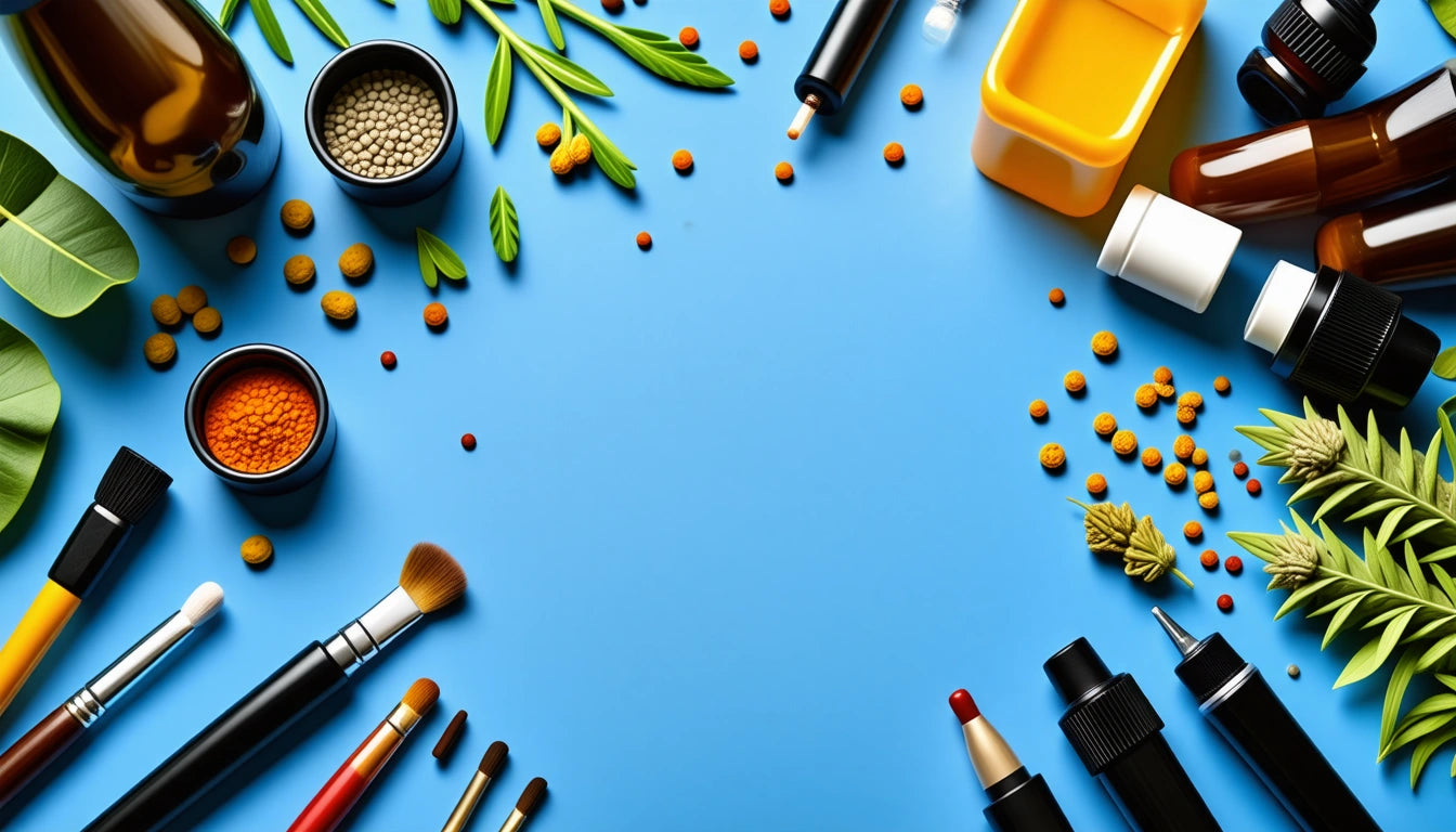 Various cosmetics, brushes, leaves, and small containers arranged in a circle on a blue background