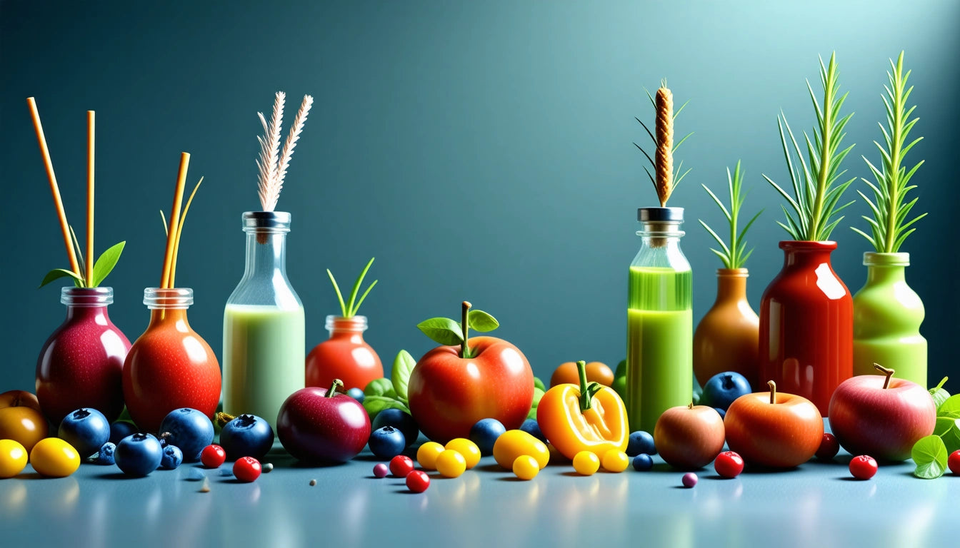 Colorful fruits and vegetables with glass bottles containing juices and herbs, set against a gradient blue background