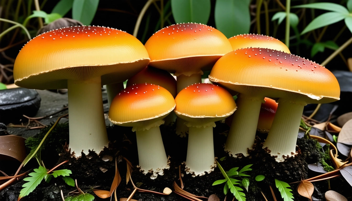 Cluster of orange and yellow mushrooms with white speckles, surrounded by green leaves and brown fallen foliage