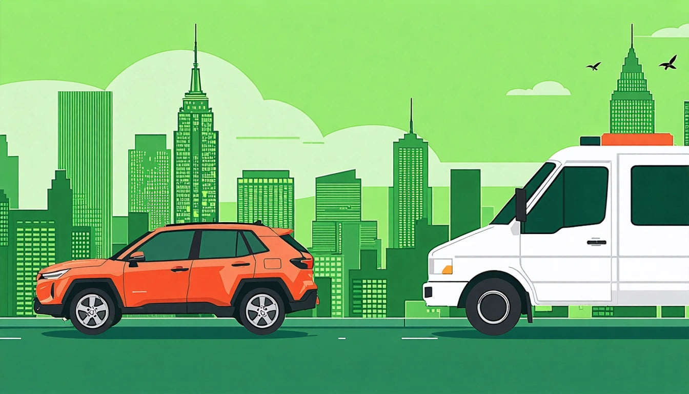 Orange SUV and white van on road, green city skyline with skyscrapers and clouds in background, two birds flying