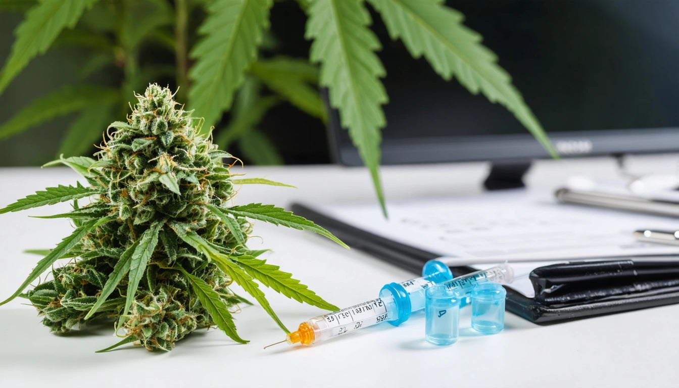 Dense green plant with spiky leaves, syringe with blue caps, papers, and a monitor on a white desk