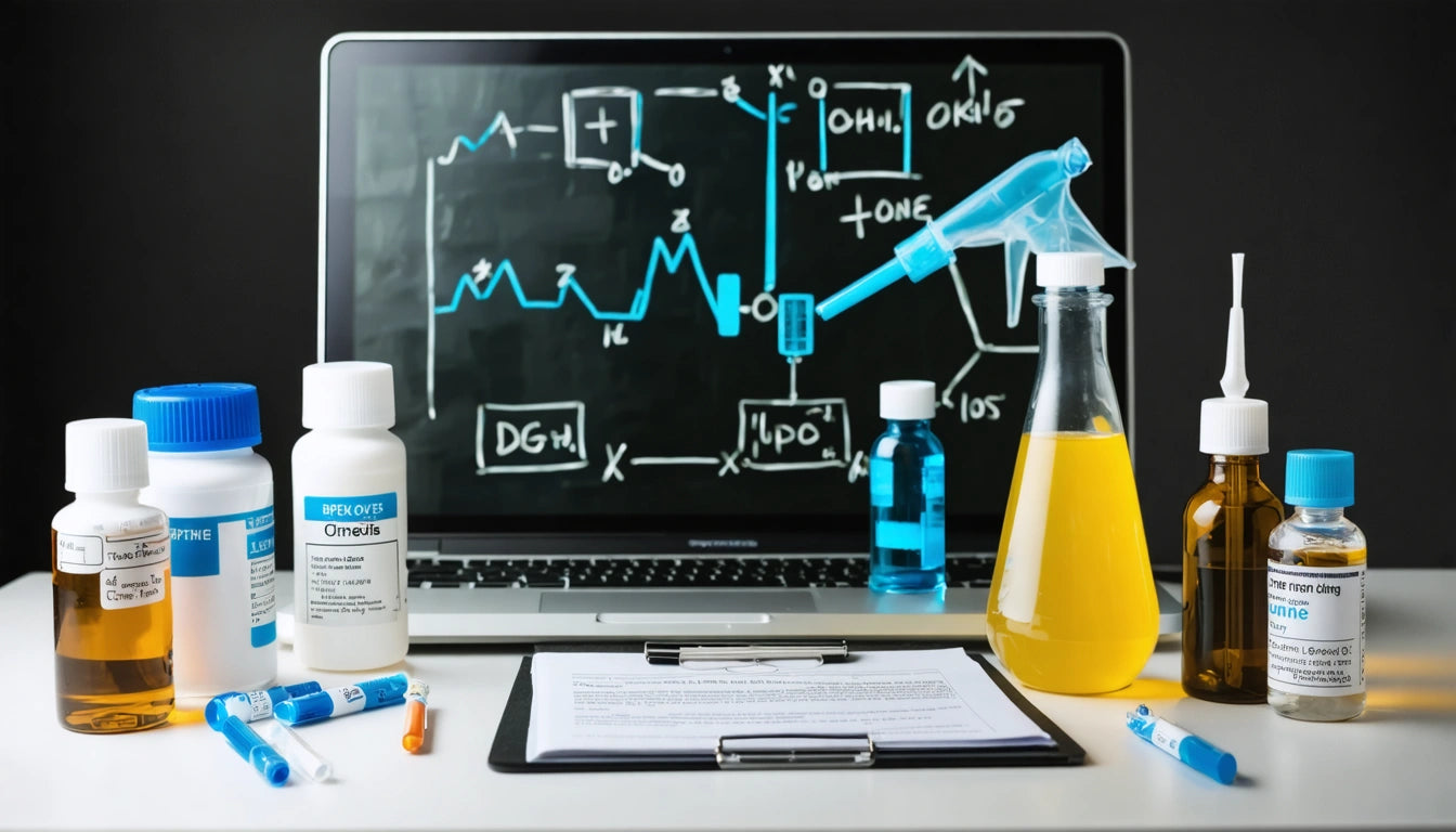 Laptop displaying blue chemical formulas, surrounded by lab bottles, syringes, and a clipboard on a white table