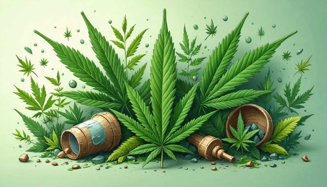 Large green leaves surrounded by smaller leaves, two wooden barrels on their sides, scattered stones on a light background