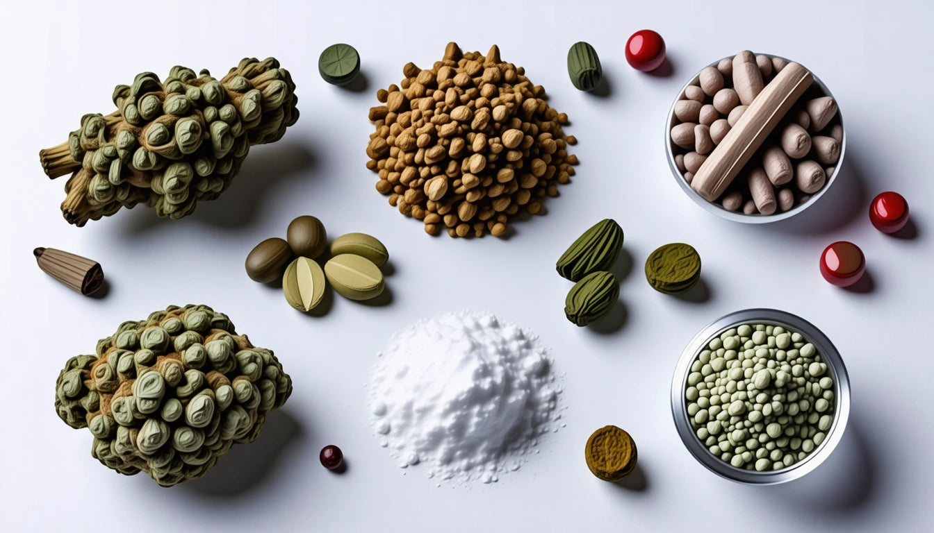 Assorted seeds, nuts, and powders on white surface, including clusters, bowls, and scattered capsules in various colors