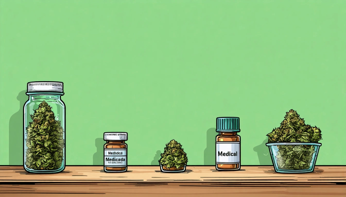 Jars and containers with green plant buds on a wooden surface against a green background