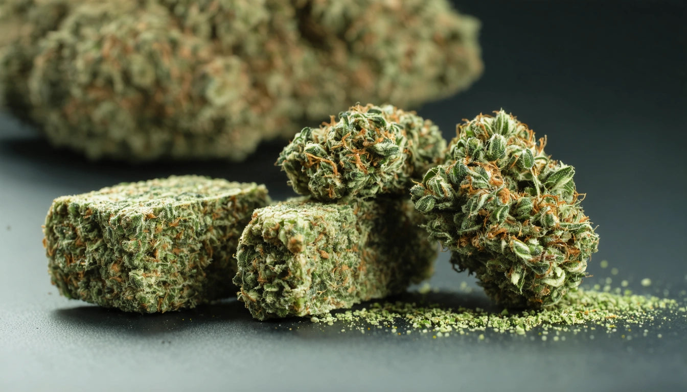 Dense green and brown plant buds with textured surface, scattered powder, on dark background