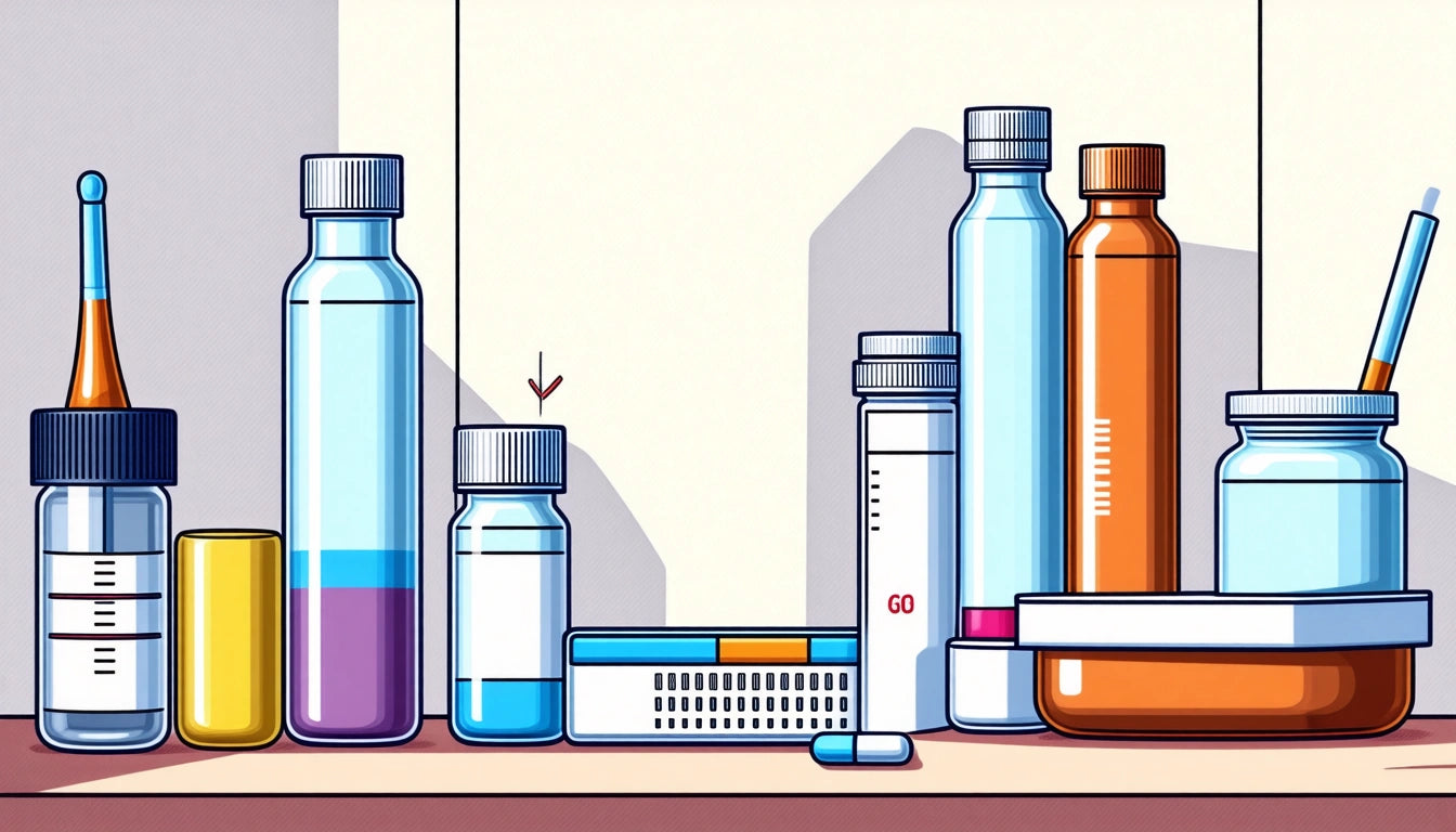Various bottles and containers with colorful liquids on a shelf, including a syringe and test kit, under bright lighting