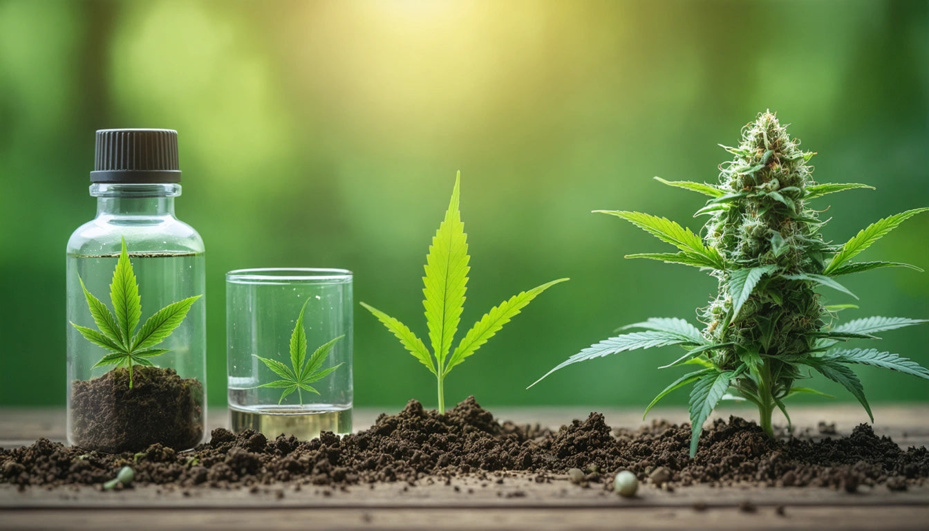 Glass bottle, small glass, and cannabis plant on soil; each with a cannabis leaf. Blurred green background with sunlight