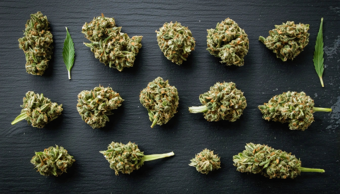 Fifteen clusters of green and orange plant buds arranged on a dark surface, with a single green leaf on the left