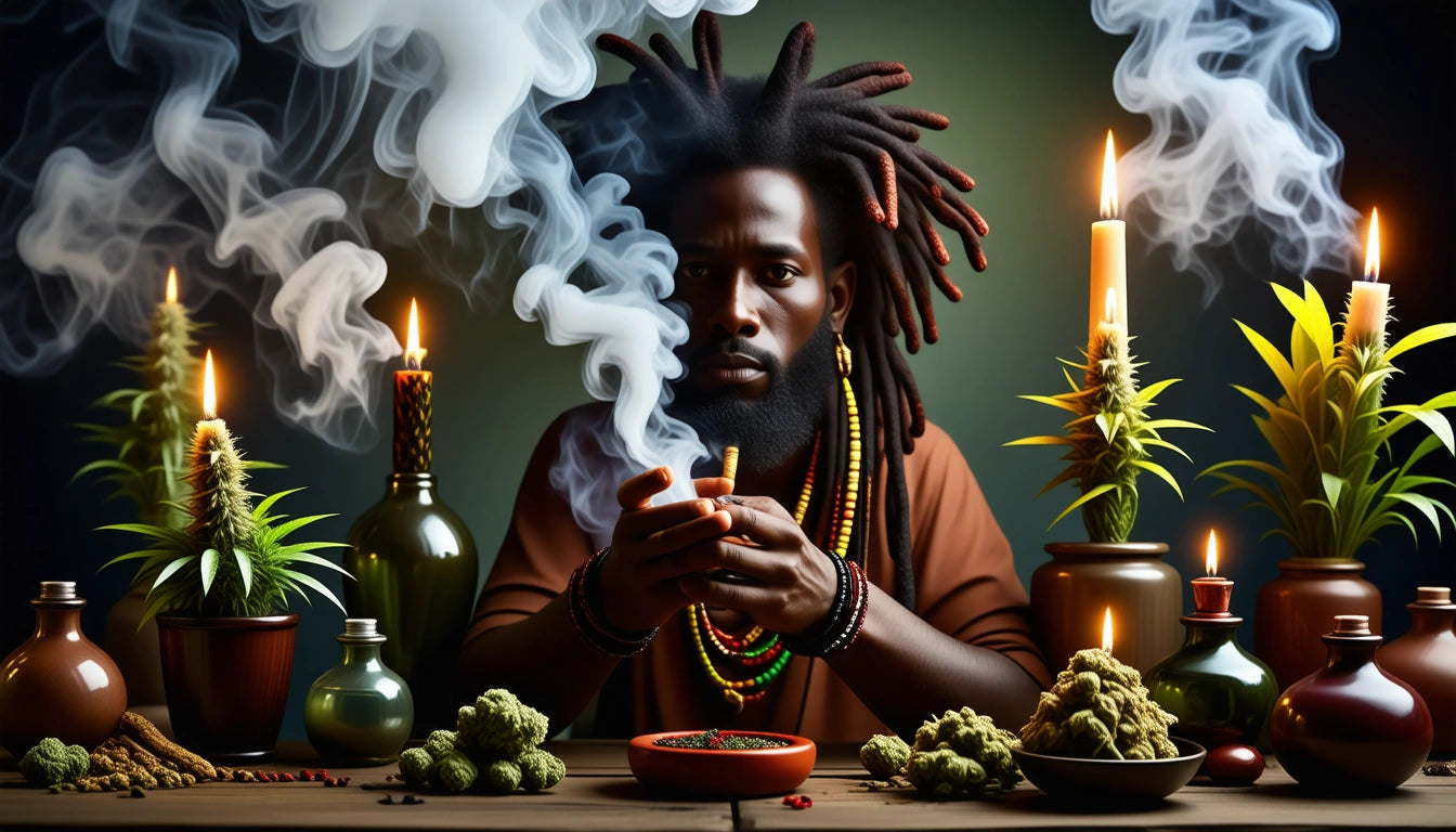 Person with dreadlocks holding a smoking pipe, surrounded by candles, plants, and jars on a wooden table