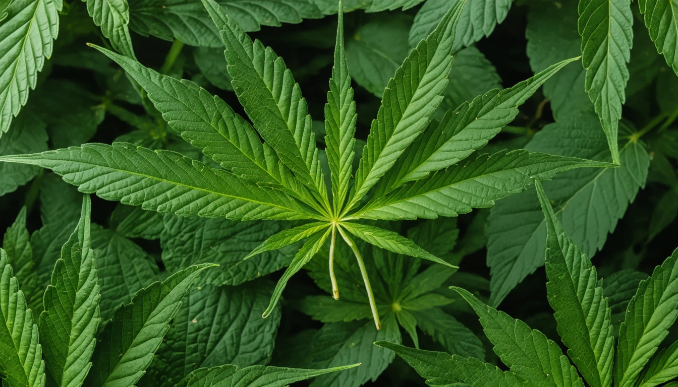 Green leaves with serrated edges, radiating from a central point, surrounded by overlapping foliage