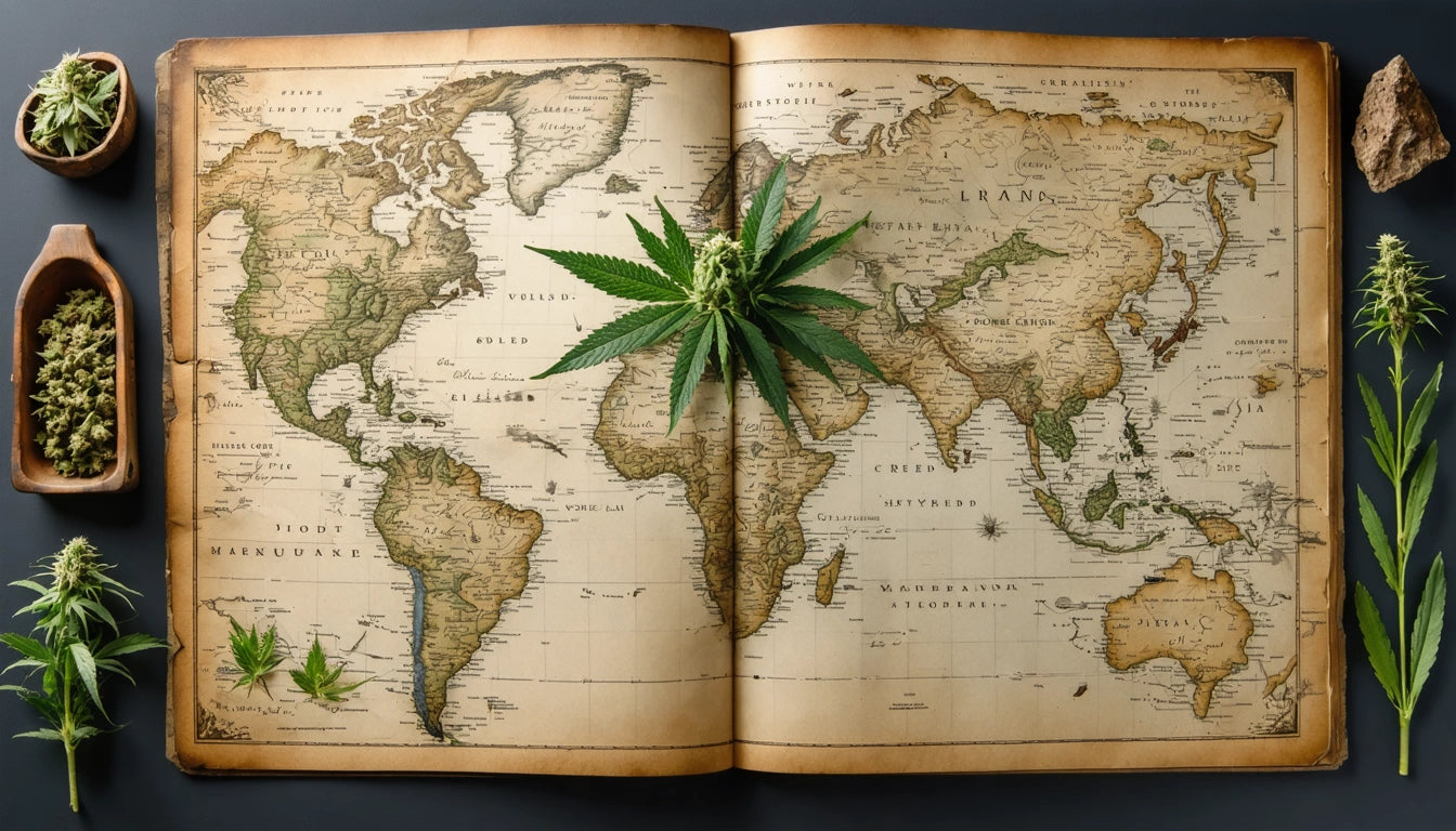 Open vintage world map with cannabis leaves on top, surrounded by small bowls of dried herbs and rocks on a dark surface
