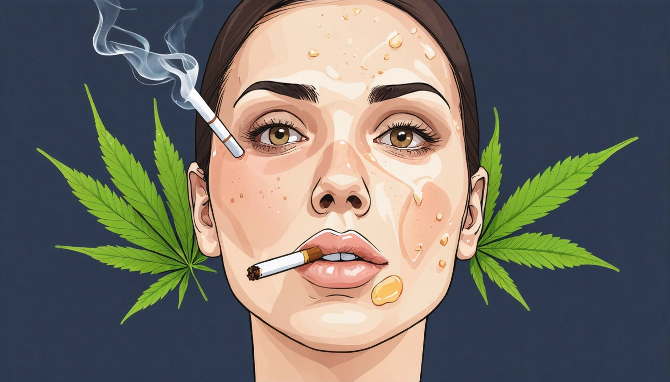 Woman's face with two cigarettes in mouth, smoke rising, two cannabis leaves behind, dark background