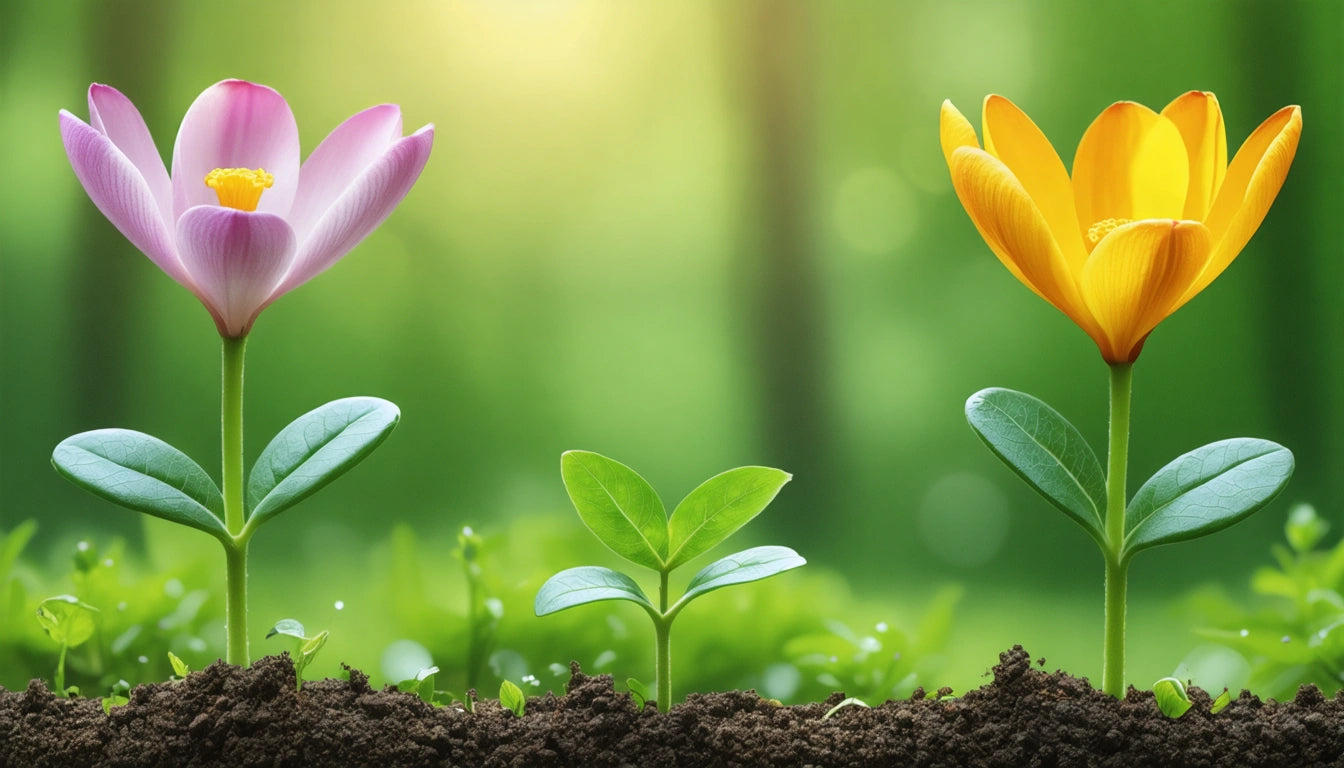 Pink and yellow flowers with green leaves growing from soil, set against a blurred green background with soft sunlight