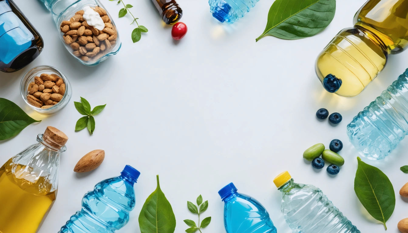 Blue and yellow bottles, nuts, leaves, and berries arranged in a circle on a white background
