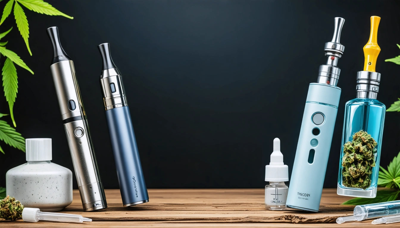 Two vape pens and a bottle on the left, three vape devices with cannabis buds and a dropper bottle on the right, wooden surface