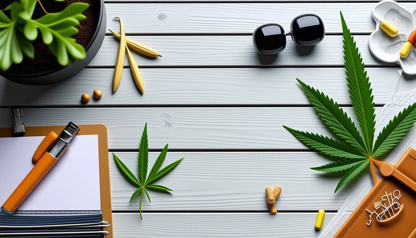 Wooden surface with cannabis leaves, sunglasses, clipboard with paper, pen, yellow capsules, and a plant in a pot