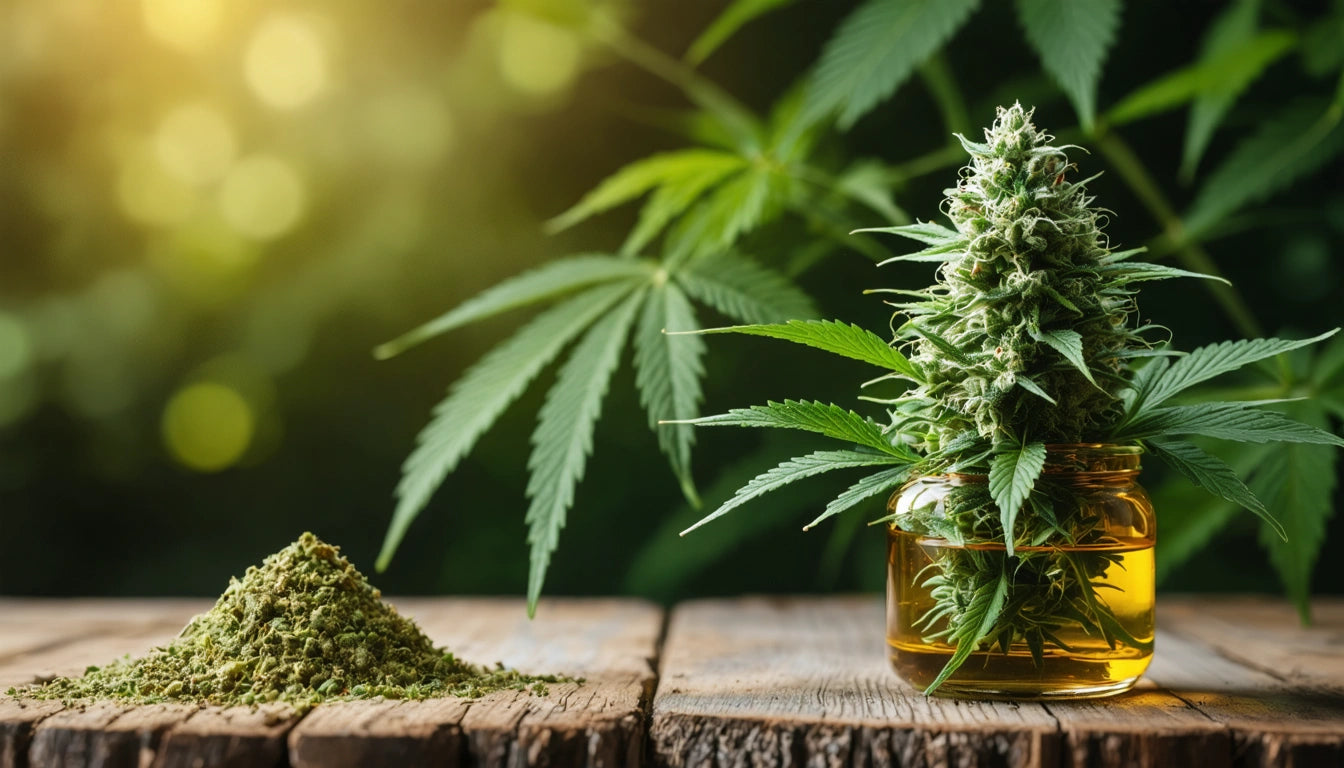 Glass jar with green plant on wooden surface, pile of green powder beside, blurred leafy background with warm light