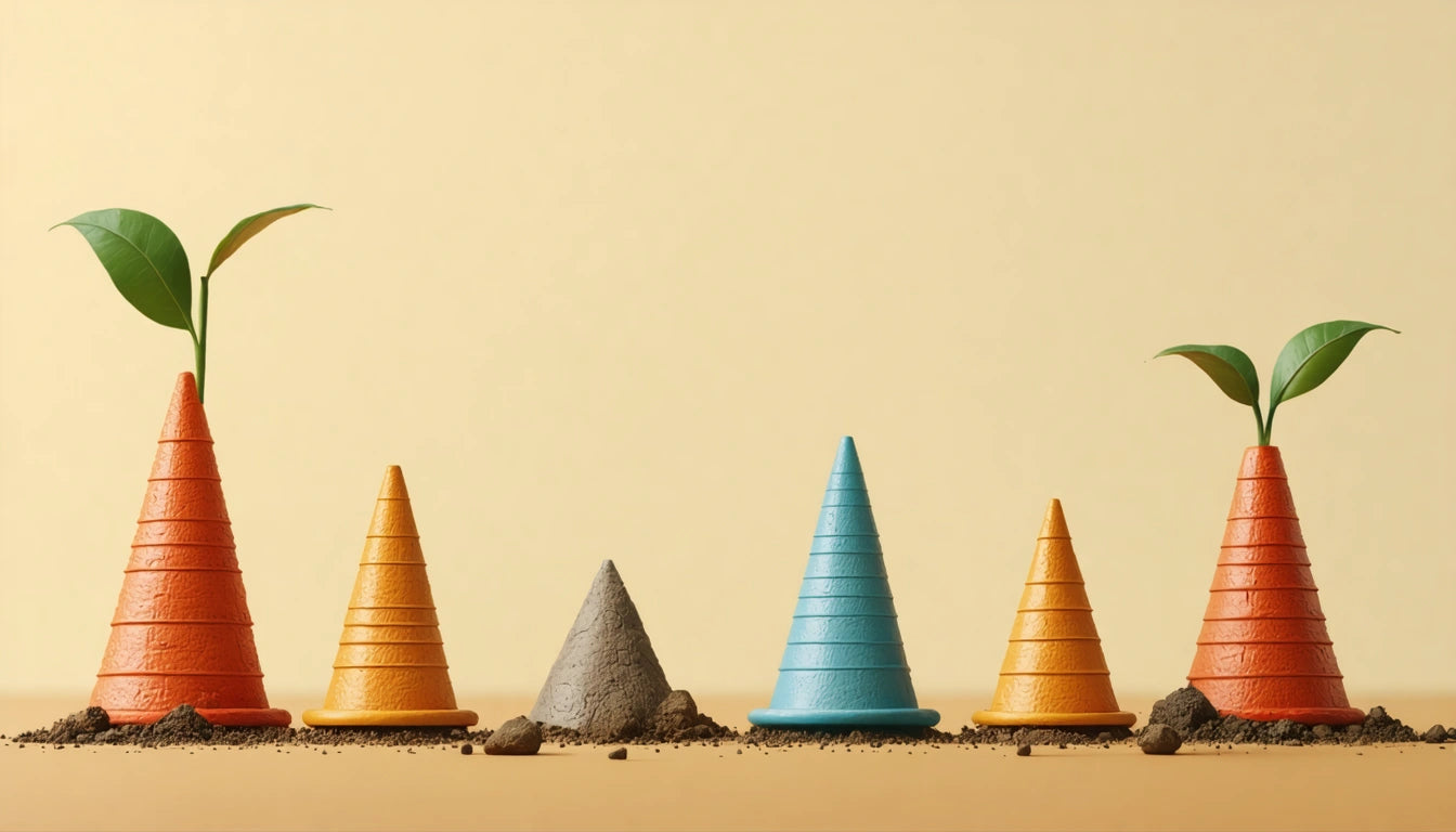 Five traffic cones, four orange and one blue, with soil and small plants growing from two cones, on a beige background