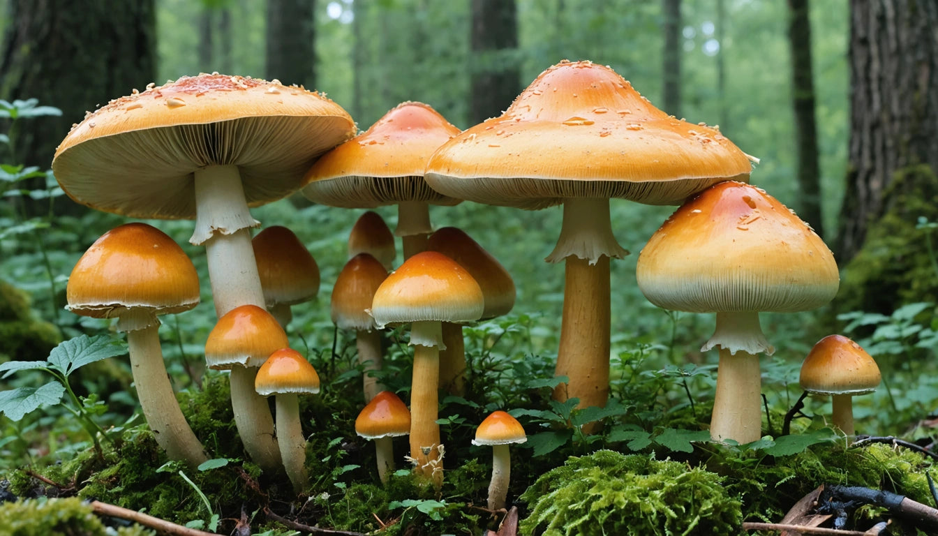 Cluster of orange mushrooms with white stems growing on mossy forest floor, surrounded by green foliage and blurred trees