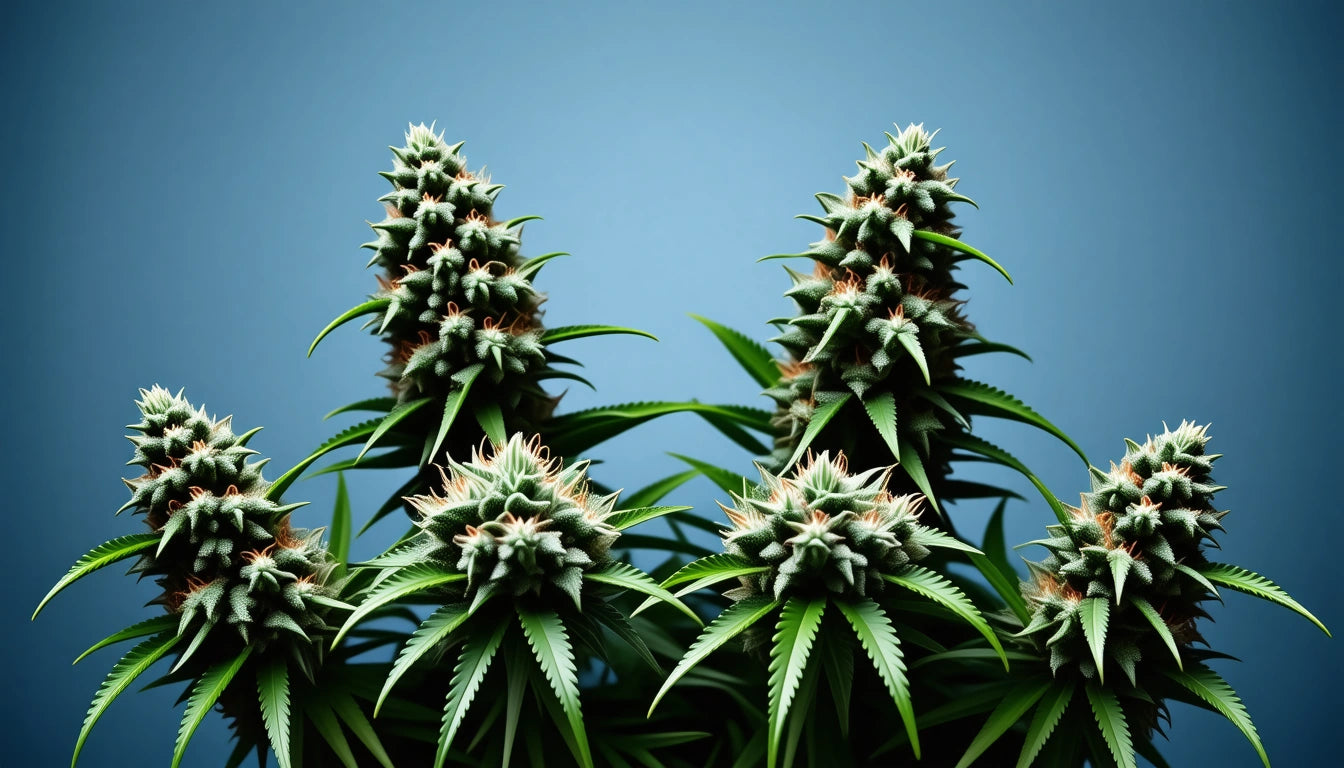 Green plants with spiky leaves and clustered buds against a blue background