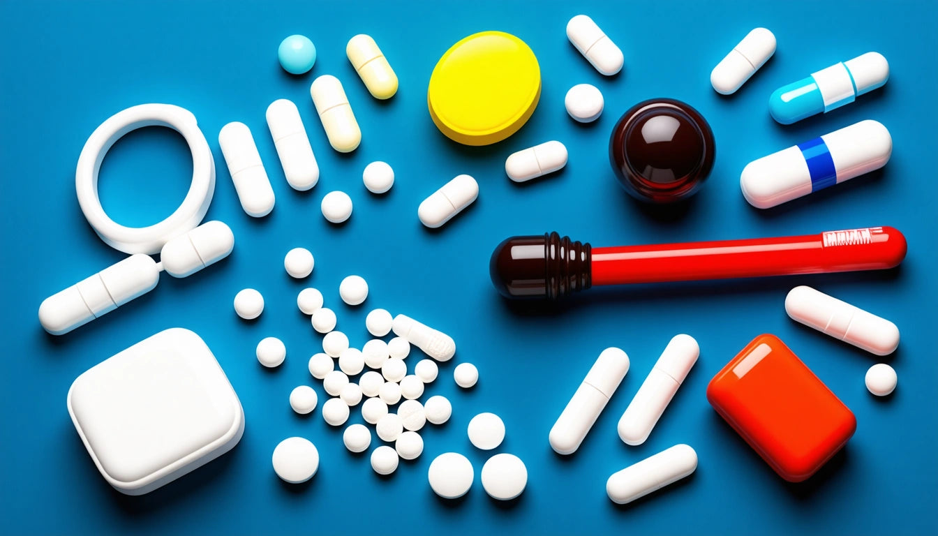 Various pills and capsules scattered on a blue surface, with a red cylindrical object and circular white and yellow items