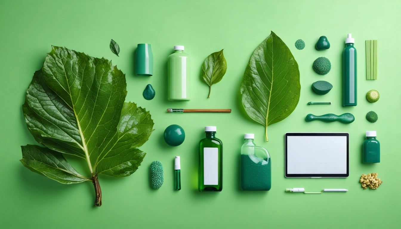 Large green leaves, various green bottles, a tablet, and small green objects arranged on a light green background