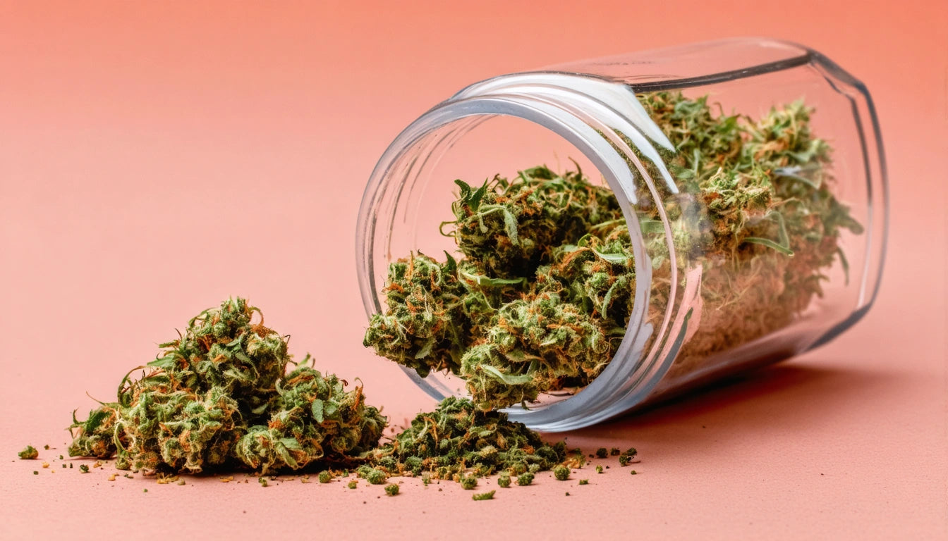 Glass jar tipped over, spilling green, leafy buds onto a pink surface