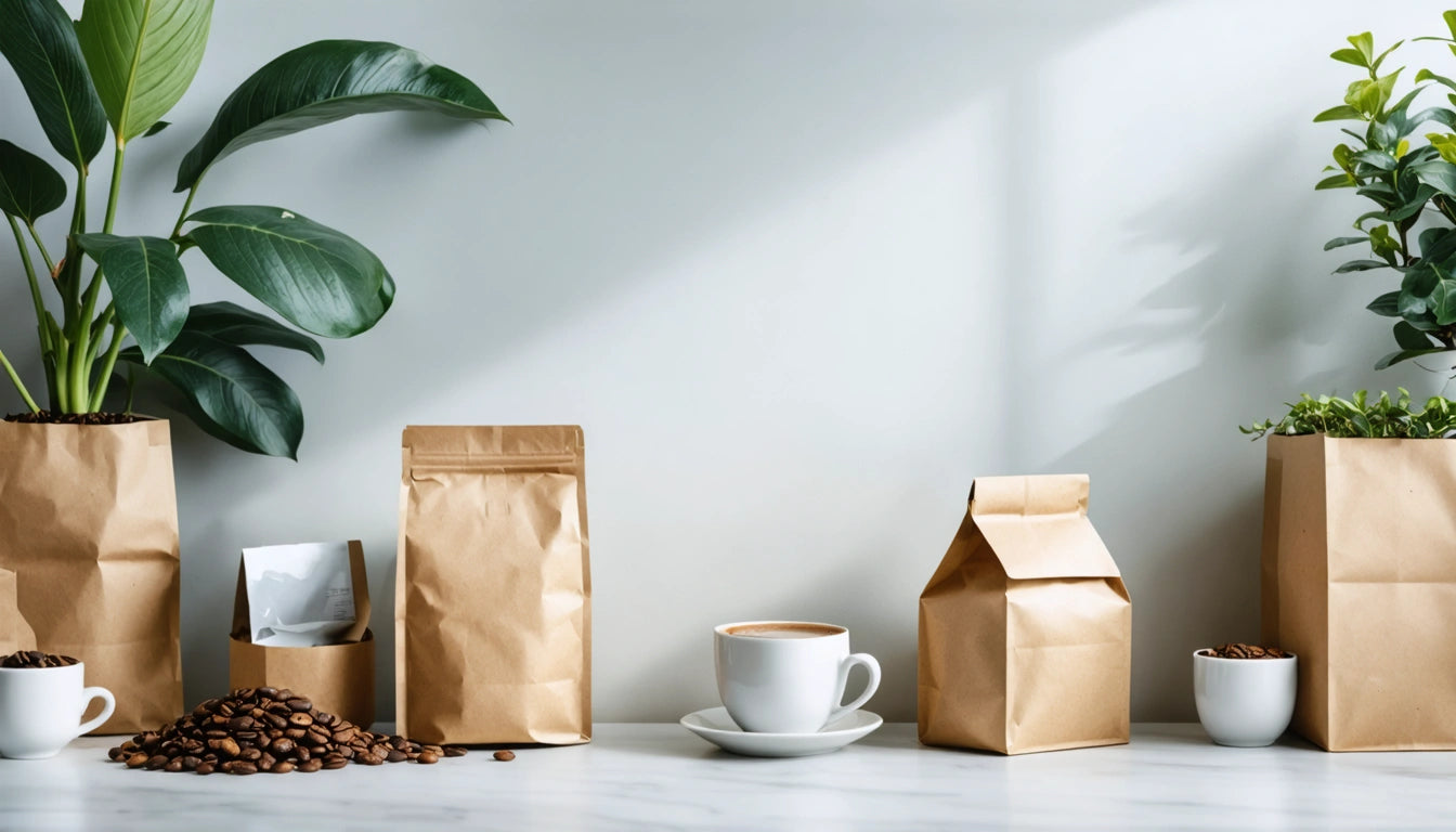 Coffee beans and brown paper bags on a marble surface, with a white cup and saucer, surrounded by green potted plants
