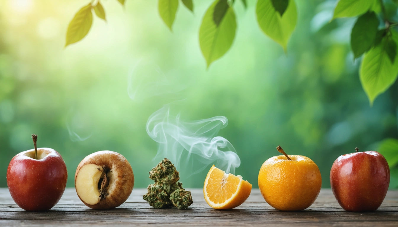 Red apples, a rotting apple, cannabis buds, an orange slice, and a whole orange on a wooden surface with green leaves above