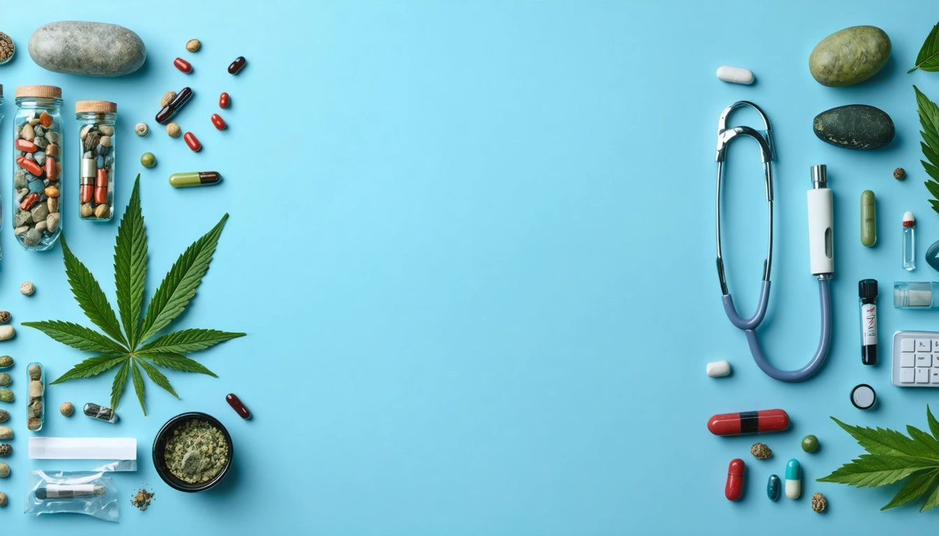 Pills and capsules scattered on blue surface, stethoscope, cannabis leaves, and stones arranged around the edges