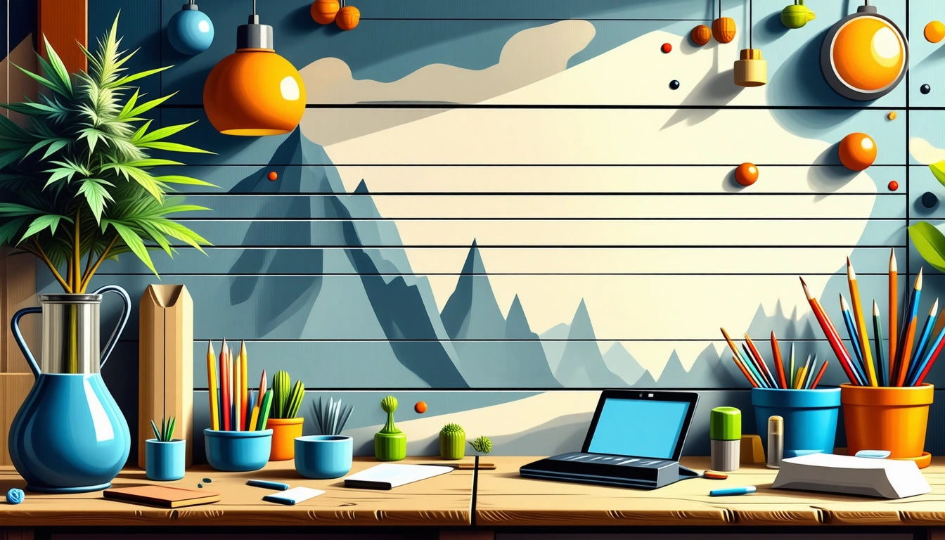 Wooden desk with laptop, colorful pencils, plants, and a mountain mural on the wall. Bright orange pendant light above