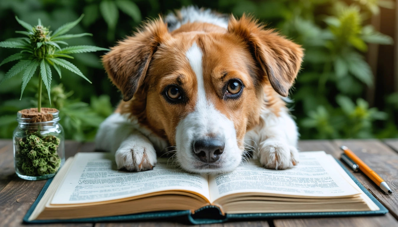 Brown and white dog lying on an open book, with a jar of green plant buds and a pencil on a wooden table, greenery in background