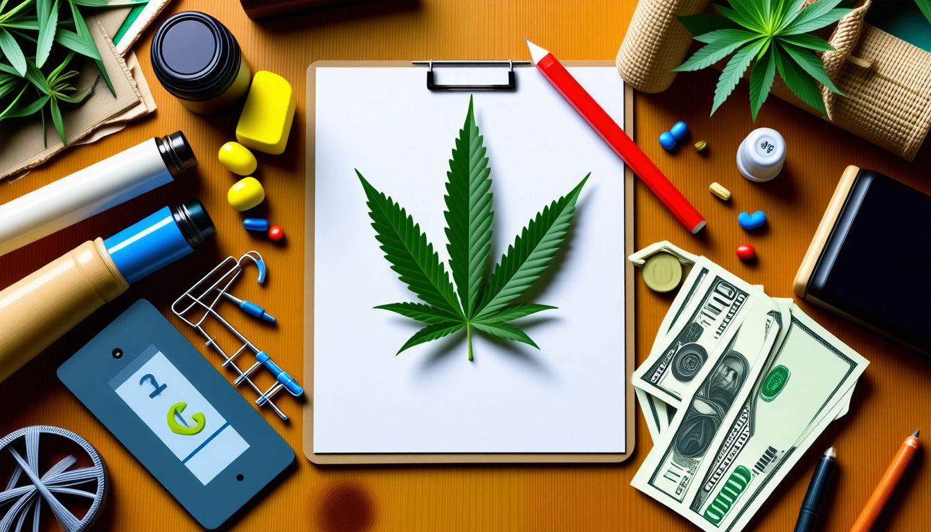 Cannabis leaf on clipboard surrounded by pills, cash, smartphone, and office supplies on wooden surface