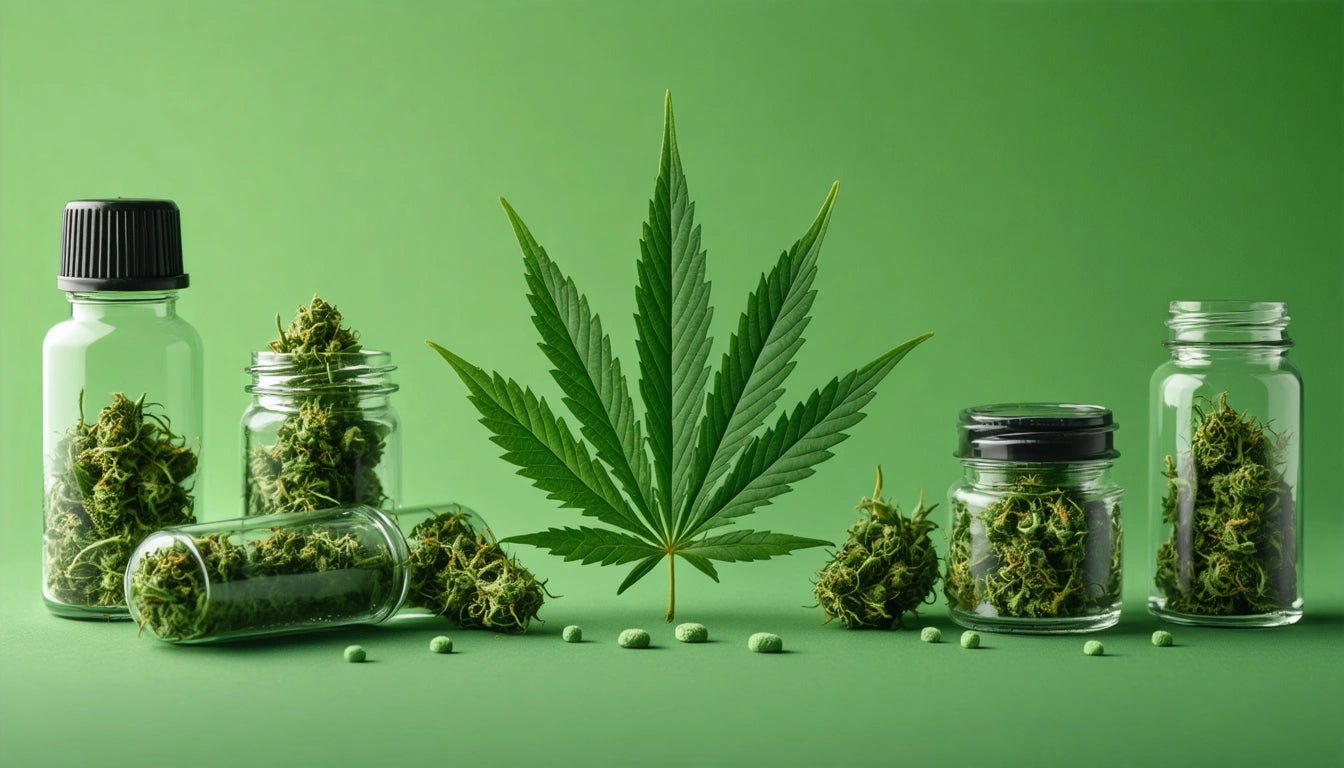 Glass jars with green buds, large leaf in center, scattered pills on green background