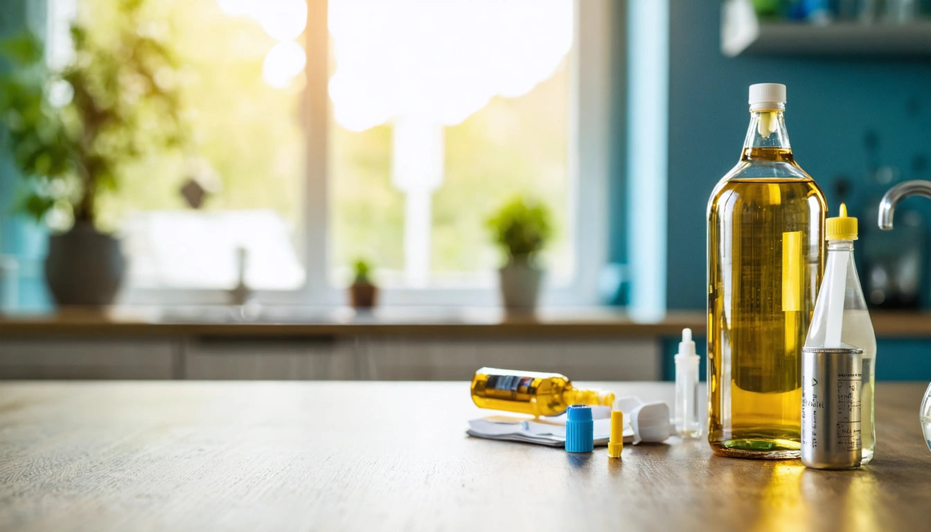 Bottles and containers on wooden table, blurred kitchen background with window and plants, sunlight streaming in