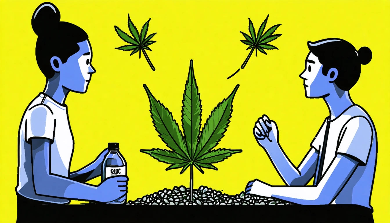 Two people with blue skin sit at a table with a large cannabis leaf and smaller leaves above, on a bright yellow background